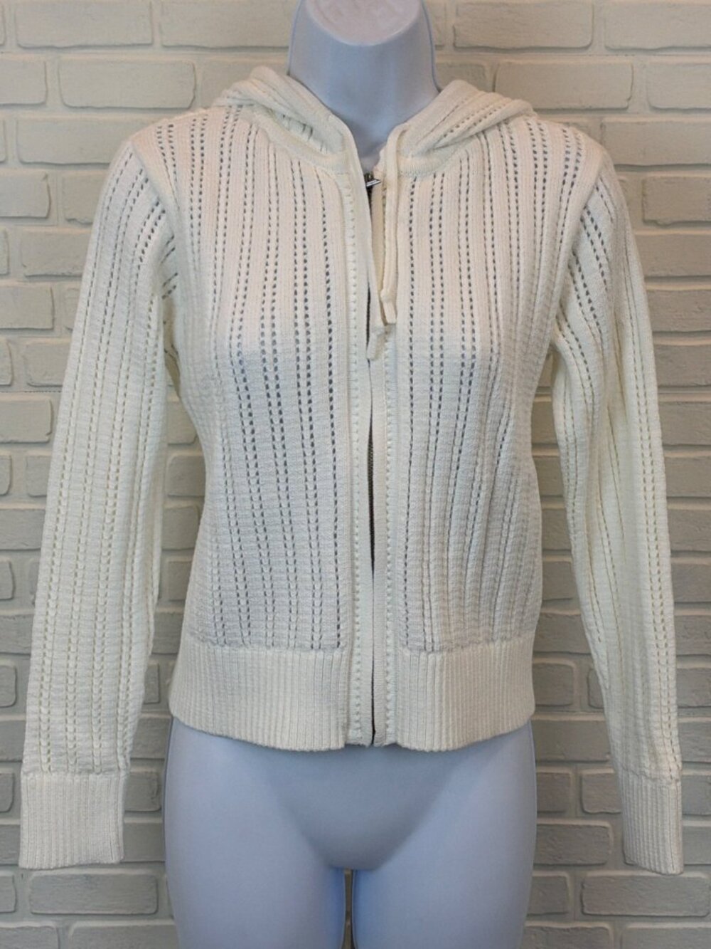 Talbots Petite Hooded Zip Sweater Pointelle Knit Cream S